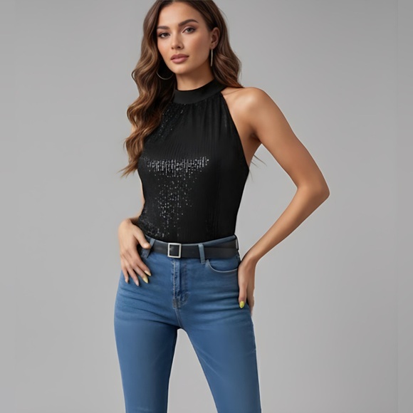 By Design Tops - Black Sequin Back Tie Halter Top